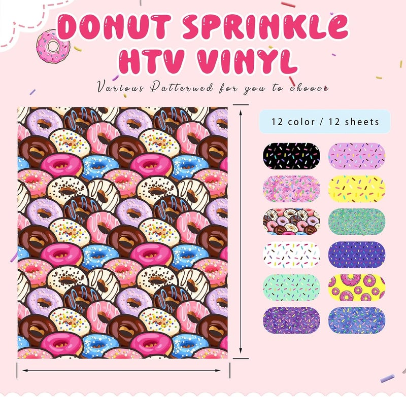 Tintnut Donut Sprinkle Heat Transfer Vinyl - 12 Sheets 10x12 Inch Sweet Bakes Iron on Vinyl Patterned Printed Frosting Birthday Party Decor HTV DIY Hats Clothes for Silhouette Cameo or Cricut - Image 2